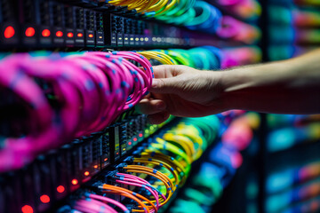 IT technician hand managing colorful ethernet cables on network switch patch panel in data center rack, server maintenance and cable management for internet connectivity