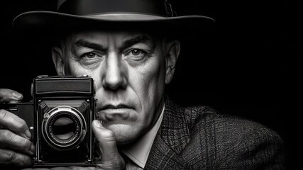 A man poses for a portrait while holding a vintage camera in a dark background, showcasing his serious expression and classic attire