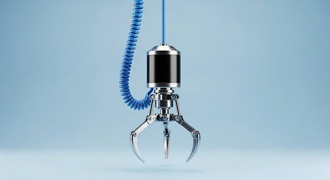 A robotic claw machine grabber suspended by a coiled blue cable against a plain light blue background
