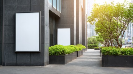 Fototapeta premium Modern Building Facade with Blank Posters and Greenery: Ideal for Urban Advertising Mockups