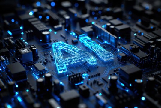 A glowing AI microchip on a circuit board illuminated by blue light, highlighting digital pathways and advanced technology, symbolizing innovation, computing power, and futuristic intelligence. - Powered by Adobe