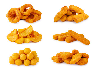 Assorted fried snacks arranged neatly on a white background