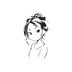 Beautiful Kawaii Girl Black and White Vector Illustration in Cute Simple Line Art Style