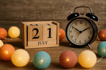 Calendar Date of 21 July with Clock and String Lights on Wood Background, Reminder and Planning
