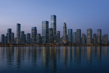 Fototapeta premium Modern Cityscape at Twilight Reflecting on Water: Urban Skyline with Illuminated Buildings and Calm Waters