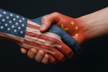 USA and China painted flag hands shaking symbolize international collaboration and cooperation