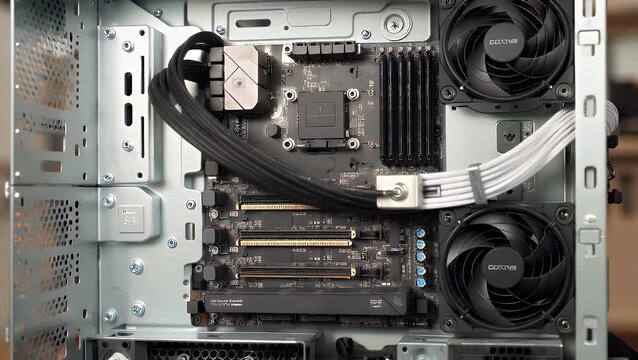 An Interior View of a Computer Server Featuring the Main Circuit Board, Memory Modules, and Cooling Units
