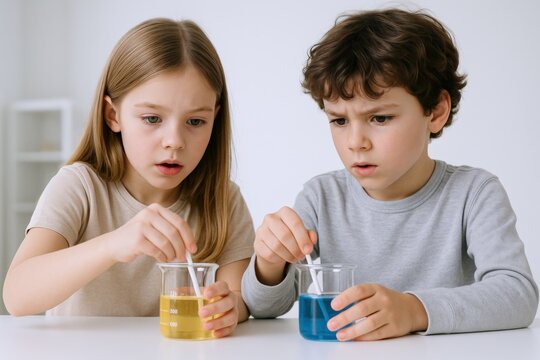 Excited children conducting a science experiment, carefully mixing colorful liquids in beakers during chemistry class - Powered by Adobe