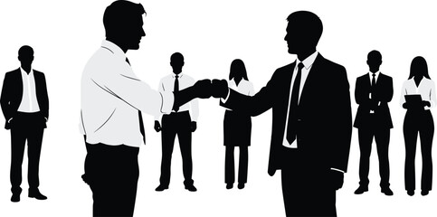 Silhouette business professionals, fist bump teamwork, corporate collaboration, agreement and trust, leadership unity, diverse office team, motivation, productivity, morale, success