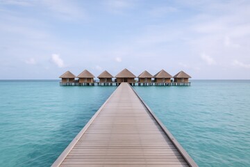 Luxury Overwater Bungalows in Tropical Paradise with a Wooden Pier Leading to an Idyllic Vacation