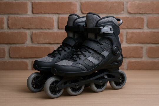 Inline Skates on Wooden Surface Against Brick Wall, Recreational Sports and Outdoor Activities, Healthy Lifestyle