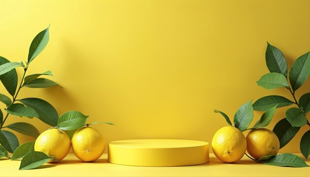 Yellow product podium ready for presentation mockup. Fresh ripe lemons with green leaves decorate around stage. Bright citrus fruit, eco friendly foliage create vibrant natural scene on sunny