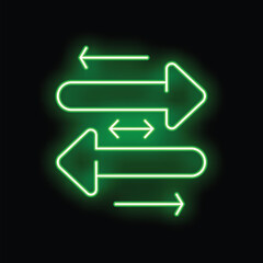 Green neon arrows pointing in different directions on a black background, symbolizing choices, decisions, and uncertainty