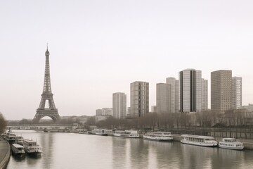 Obraz premium Paris Cityscape featuring the Eiffel Tower and Seine River on a hazy day in sepia tone