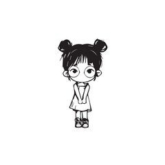 Beautiful Kawaii Girl Black and White Vector Illustration in Cute Simple Line Art Style