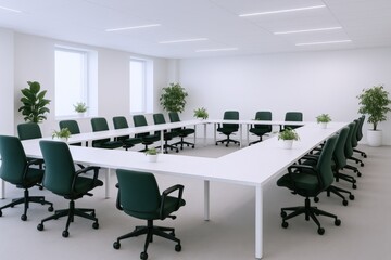 Bright Modern Conference Room Interior with U-Shaped Table Arrangement and Greenery Accents for Corporate Meetings