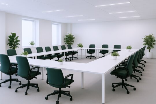 Bright Modern Conference Room Interior with U-Shaped Table Arrangement and Greenery Accents for Corporate Meetings