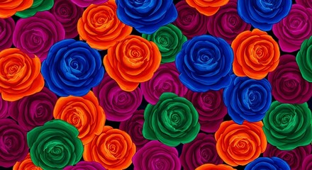 Vibrant and colorful rose pattern with a dark background for design and decoration