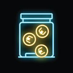 Glowing neon line glass jar with euro coins icon isolated on black background. Concept of finance, savings, donation, money, financial security. Vector illustration
