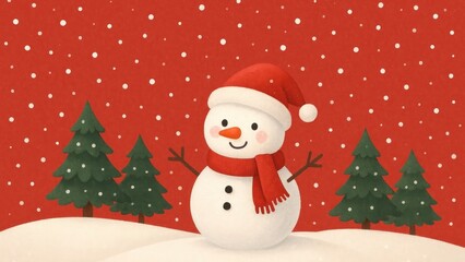 Fototapeta premium Cheerful snowman amidst snowy pines.