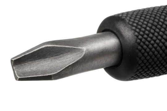 Flat head screwdriver bit, metal construction tool with black textured handle, for repair, maintenance, and diy projects, transparent background - Powered by Adobe