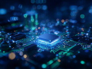 Obraz premium High tech circuit board with glowing microchip and intricate connections, showcasing innovation