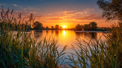 Tranquil sunset over calm lake with golden sunlight reflecting on water surrounded by lush green reeds and silhouette trees against a colorful sky