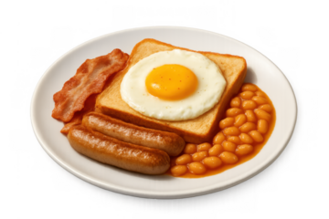Full english breakfast elements with fried egg, bacon, sausages, baked beans, and toast on a white plate