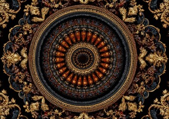 Fototapeta premium Detailed circular design with ornate gold and dark-toned embellishments.