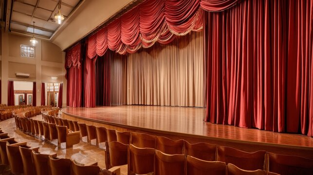 Elegant Theater Stage with Red Velvet Curtains and Wooden Seating Awaiting a Performance