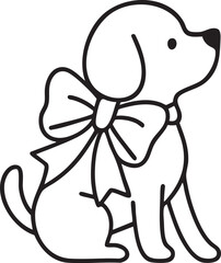 Minimal Line Art Dog with Bow Black Vector Illustration
