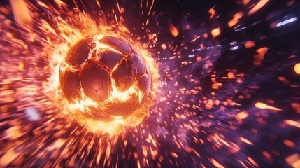 Fiery soccer ball exploding through space.