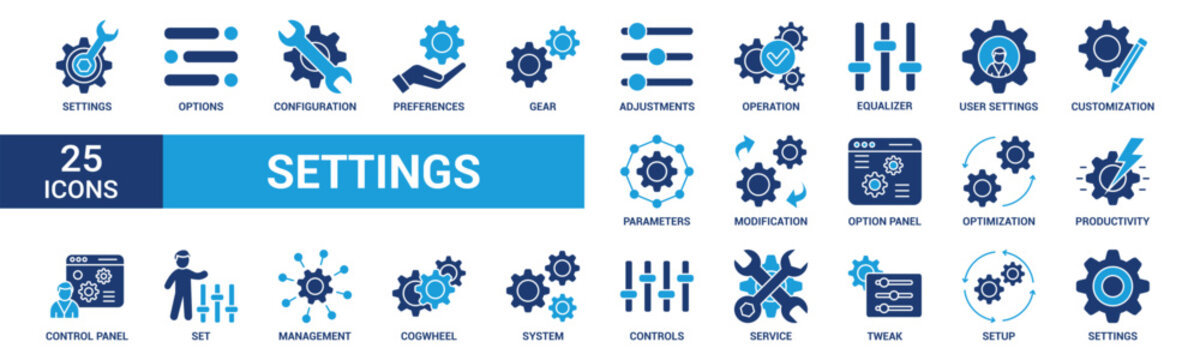 Setting icon set. Containing options, configuration, preferences, adjustments, operation and more. Solid vector icons collection.