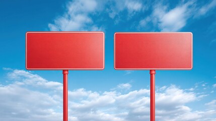 Two Blank Red Signboards Against a Blue Sky Background, Ideal for Customizable Text and Graphics