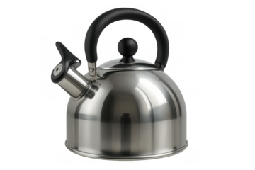 Stainless steel whistling kettle on transparent background, preparing hot water for tea or coffee, kitchenware for home
