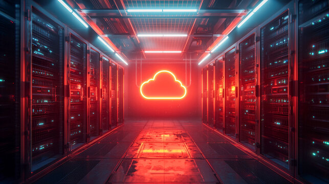 Futuristic cloud storage data center with glowing neon signs in a high-tech server room