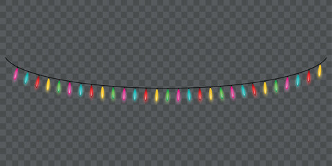 Christmas garland isolated on a transparent background. Glowing yellow, red, green, and pink lights with glitter. Decor for Christmas, New Year, weddings, or birthdays. Party decoration.