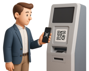 Man Using Smartphone to Scan QR Code at Self- Service Kiosk person male isolated on a transparent background