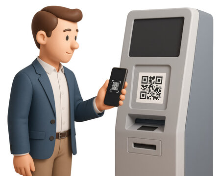 Man Using Smartphone to Scan QR Code at Self- Service Kiosk person male isolated on a transparent background