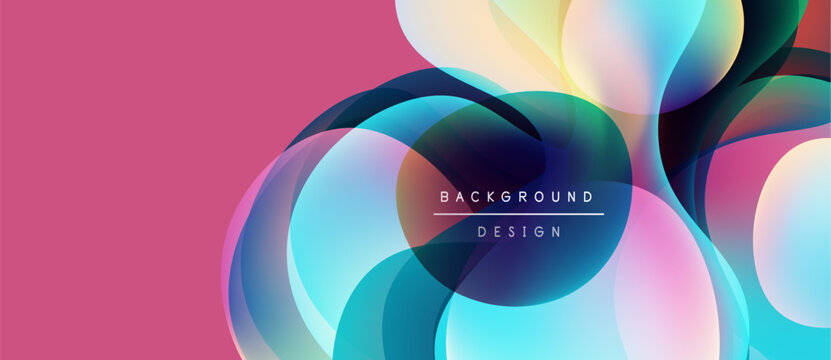 Abstract fluid shapes overlap, creating vibrant color gradients. Pink background complements flowing design elements. Modern, dynamic composition.