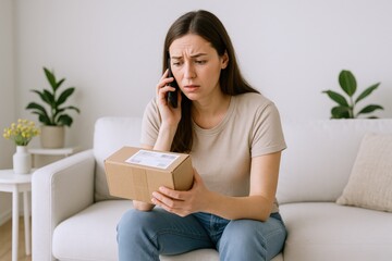 Obraz premium Woman on Phone Holding Package, Expressing Concern about Delivery Issue, Sitting on Couch at Home
