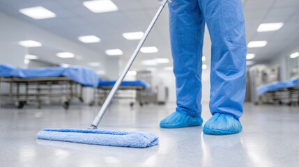 Diligent hospital staff worker disinfecting sterile floor with mop. serious commitment to hygiene in clean medical interior