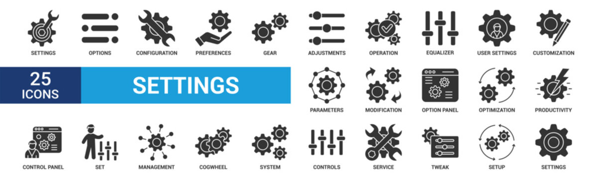 Setting icon set. Containing options, configuration, preferences, adjustments, operation and more. Glyph vector icons collection.