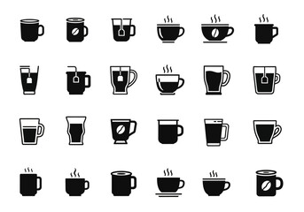 A comprehensive vector glyph icon set featuring various styles of coffee mugs, teacups, and hot beverage containers