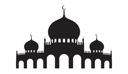  Silhouette of a grand mosque with multiple domes and minarets against a white background