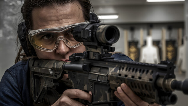 A person aiming a rifle with a scope at a shooting range.