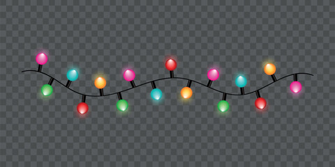 Christmas garland isolated on a transparent background. Glowing yellow, red, green, and pink lights with glitter. Decor for Christmas, New Year, weddings, or birthdays. Party decoration.