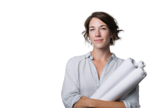 Architectural Visionary: A skilled professional, embodies confidence and expertise as she holds architectural blueprints, ready to shape the future of design and construction.