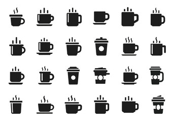 Set of black coffee and tea cup glyph icons. Vector collection of hot drink symbols, mugs, and takeaway cups for web and graphic design