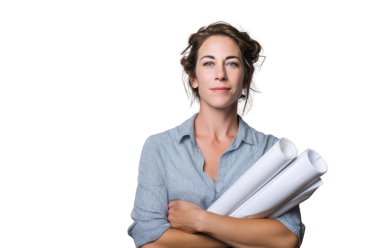 Confident Architect: A focused architect, embodying strength and expertise, holds architectural plans symbolizing innovation and planning.